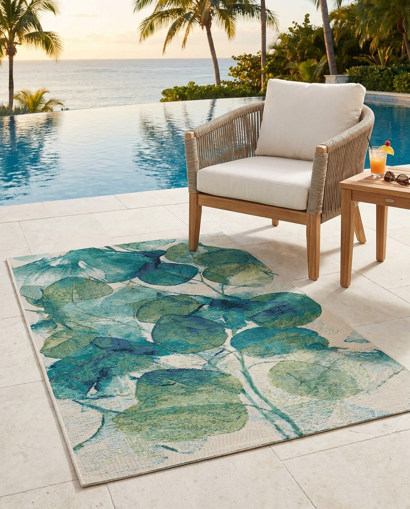 Seaside Blooms Collection Area Rug -  Flora Rectangle Blue Green  lifestyle 54