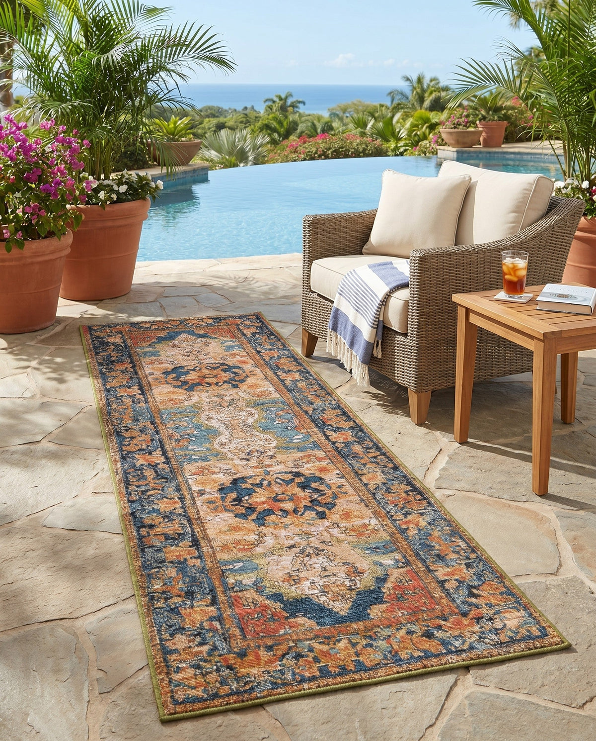 Patio Heritage Collection Area Rug -  Grove Runner Navy Blue and Rust Red  lifestyle 83