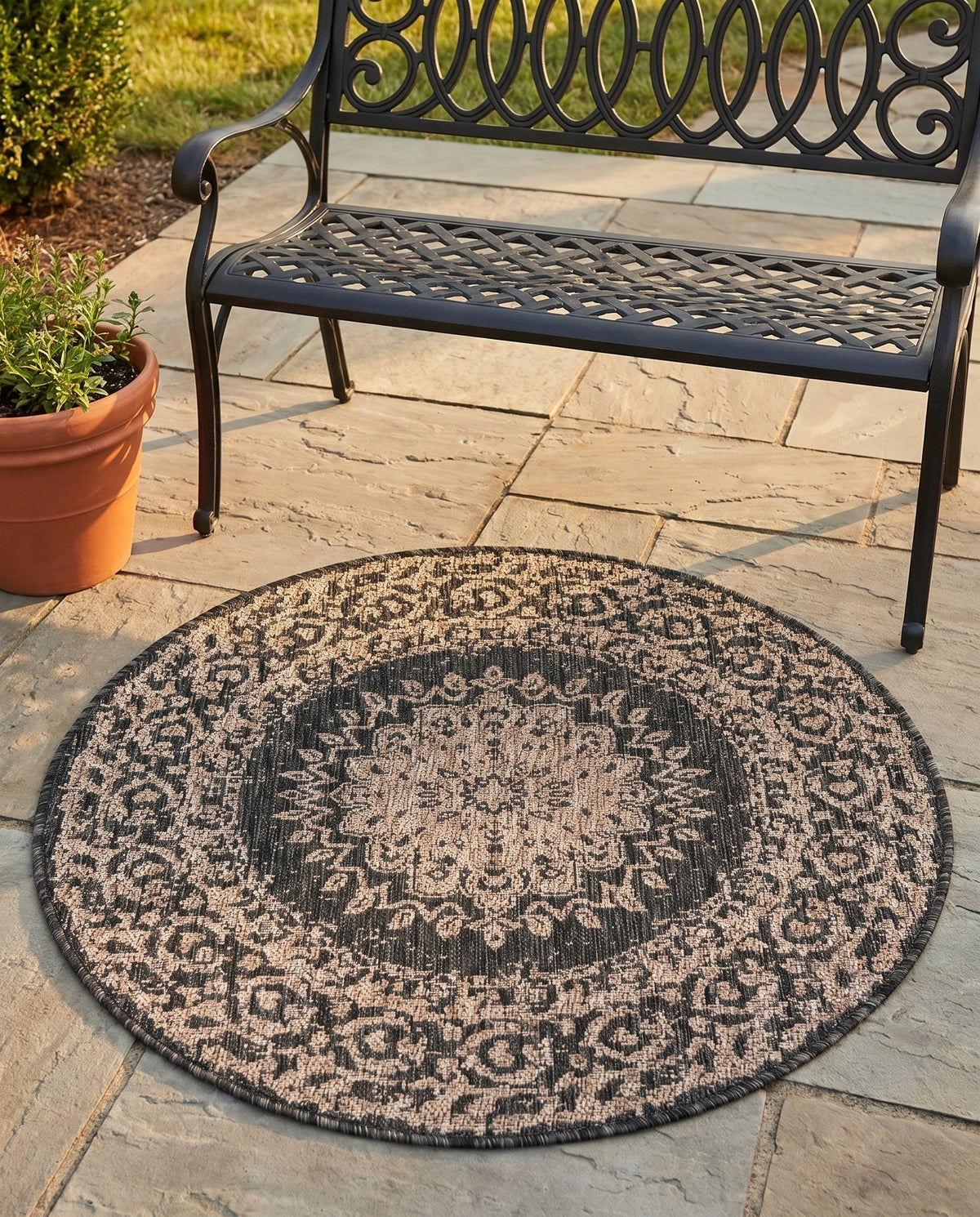 Patio Heritage Collection Area Rug -  Lafayette (Black) Round Black  lifestyle 88