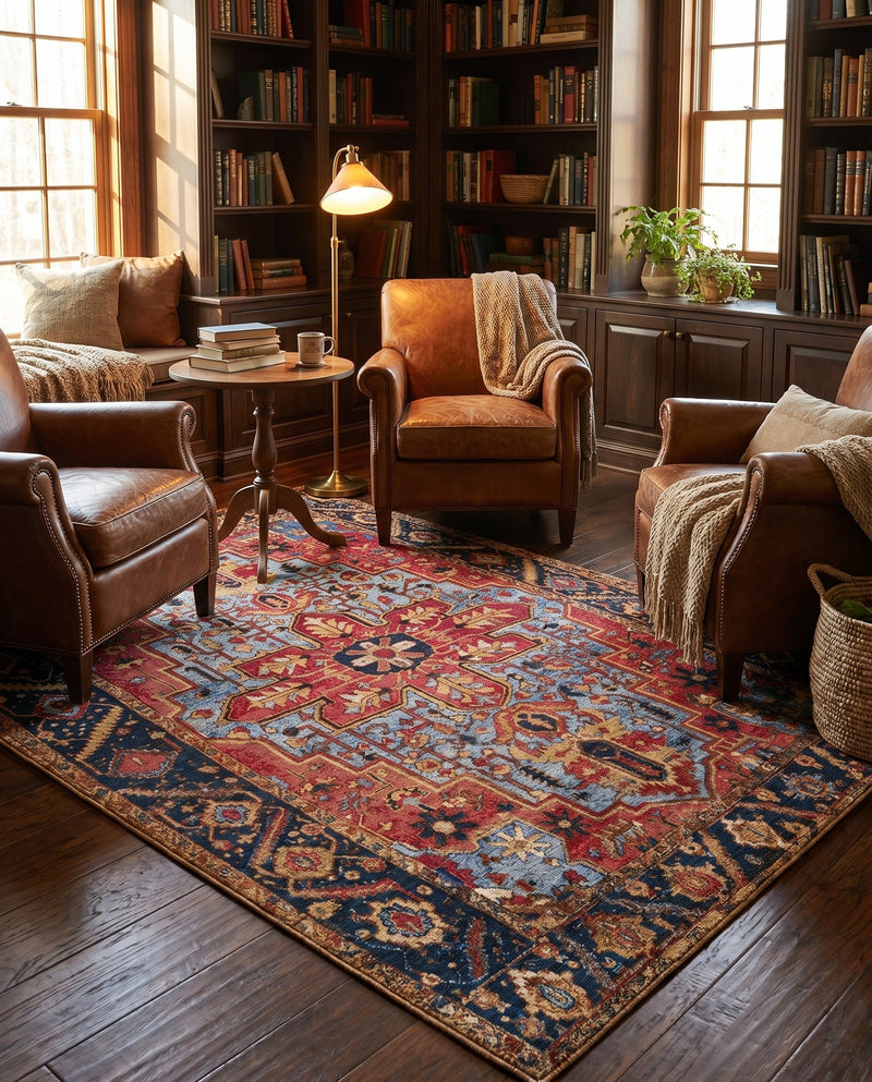 Patio Heritage Collection Area Rug -  Garden Rectangle Rust Red and Blue  lifestyle 42