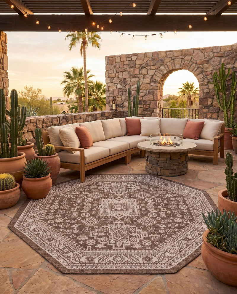 Tribal Terrace Treasures Collection Area Rug -  Incan Isle (Brown) Octagon Brown  lifestyle 70