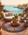 Patio Heritage Collection Area Rug -  Garden Round Rust Red and Blue  lifestyle 75