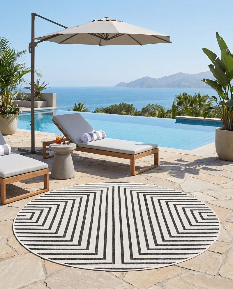 Urban Terrace Collection Area Rug -  Astoria (White and Black) Round White and Black  lifestyle 50