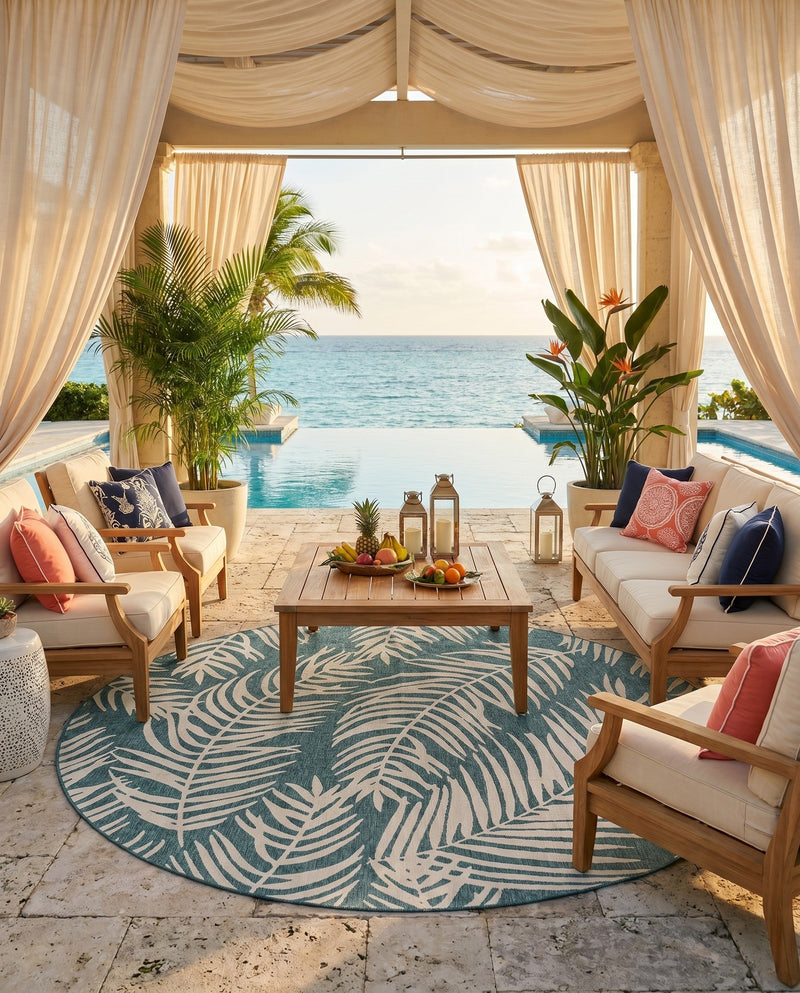 Seaside Blooms Collection Area Rug - Verdure (Teal) Round Teal  lifestyle 77