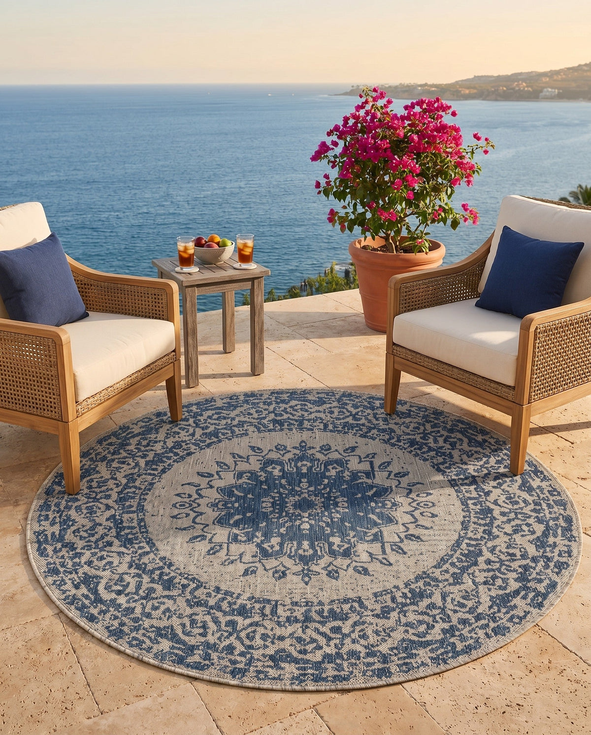 Patio Heritage Collection Area Rug -  Lafayette (Blue) Round Blue  lifestyle 87
