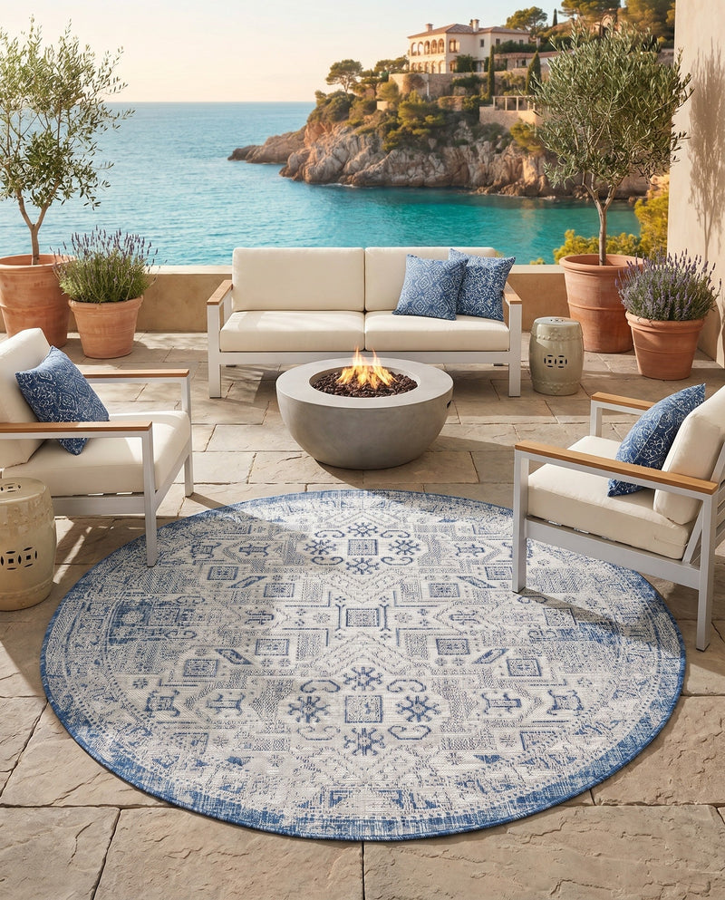 Tribal Terrace Treasures Collection Area Rug - Mayan Marina (Blue) Round Blue  lifestyle 83