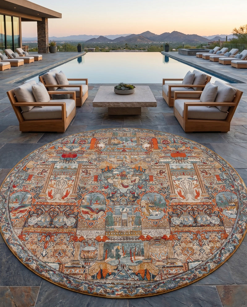 Patio Heritage Collection Area Rug -  Oasis Round Multi  lifestyle 59