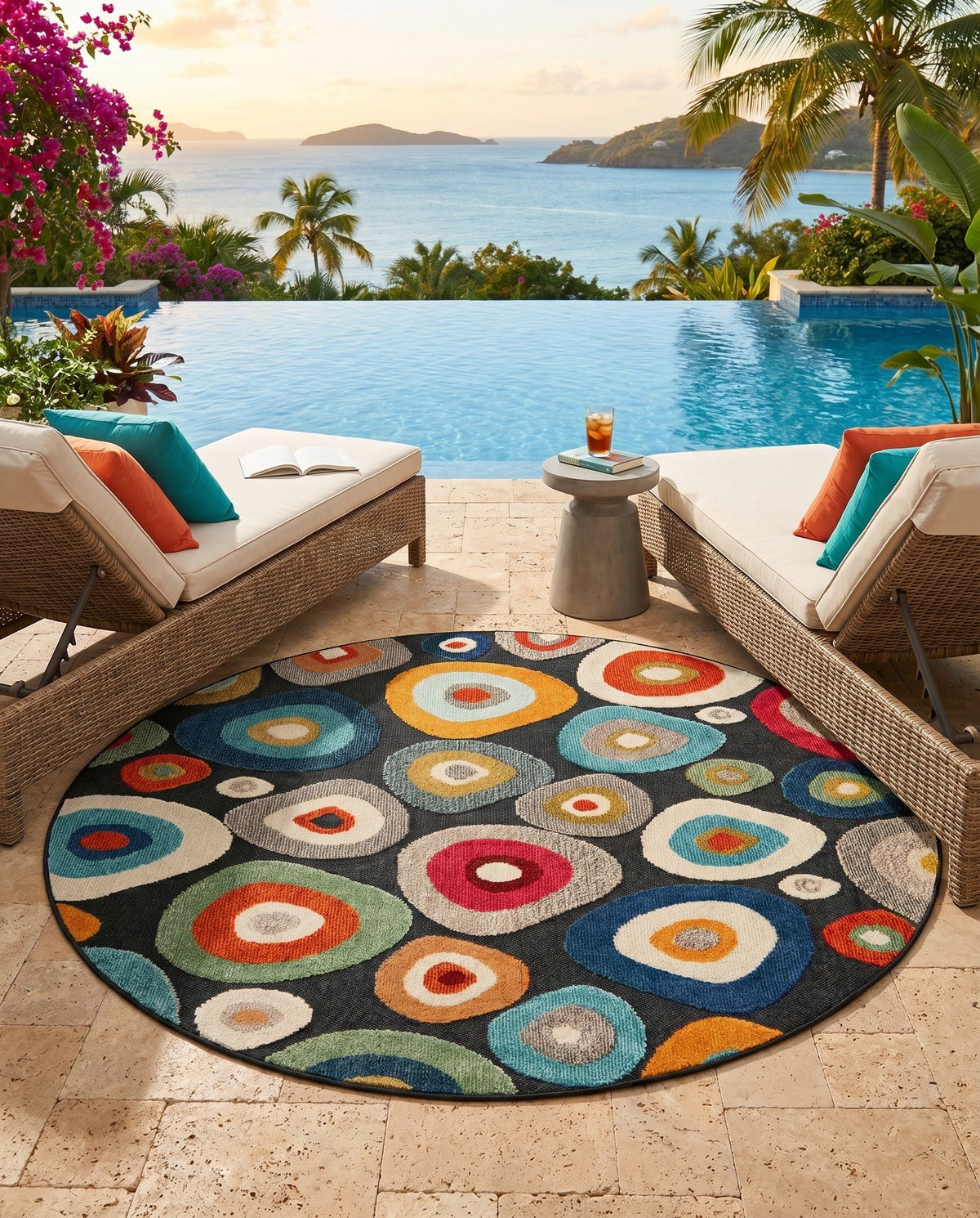Outdoor Marrakesh Collection Area Rug -  Chefchaouen Round Multi Black  lifestyle 175
