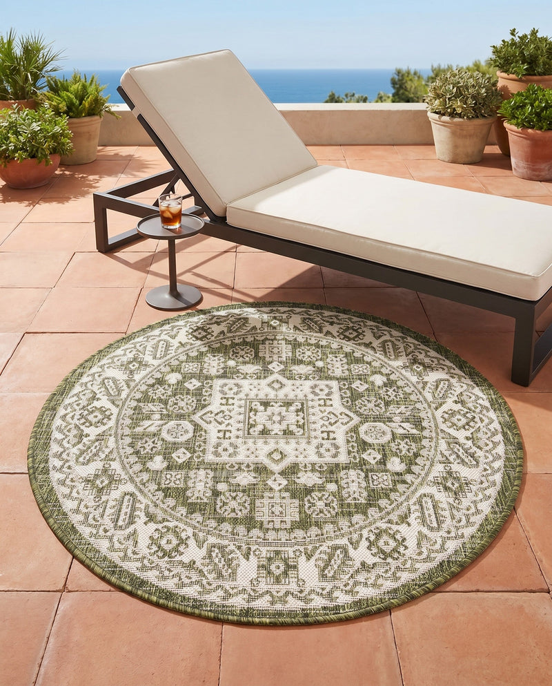 Tribal Terrace Treasures Collection Area Rug -  Incan Isle (Green) Round Green  lifestyle 56