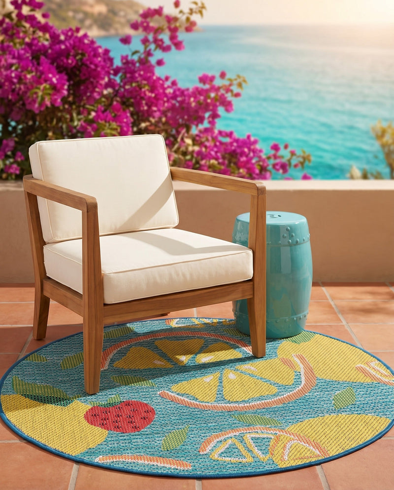 Coastal Terrace Collection Area Rug -  Cove Round Blue  lifestyle 64