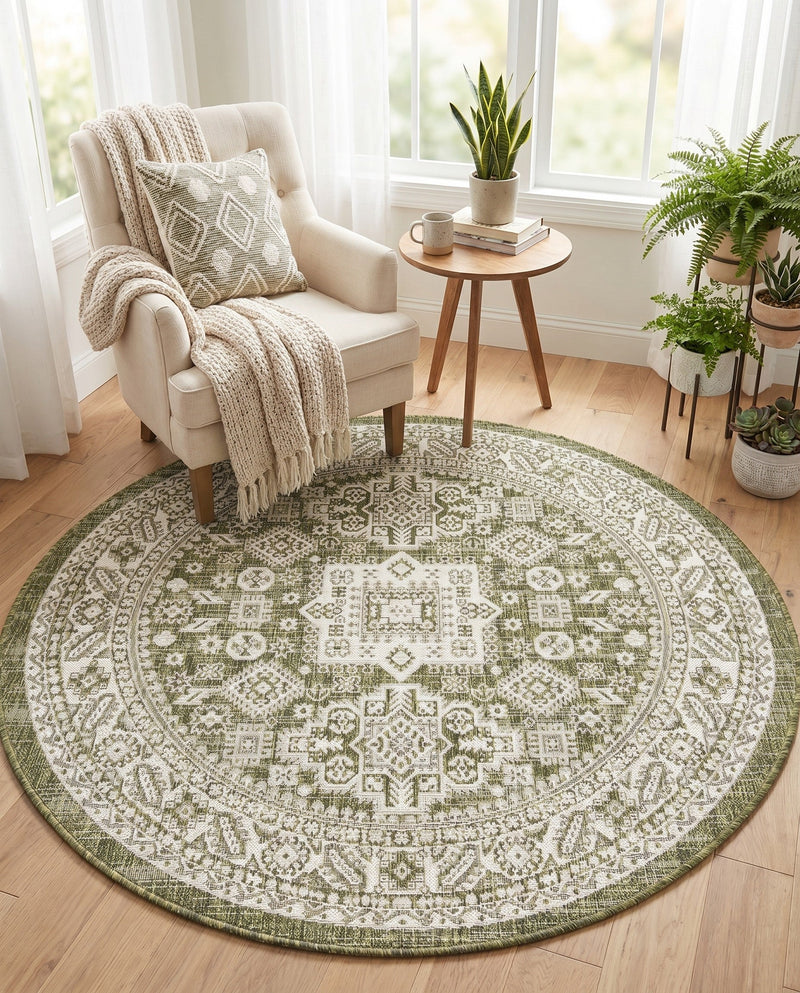 Tribal Terrace Treasures Collection Area Rug -  Incan Isle (Green) Round Green  lifestyle 39