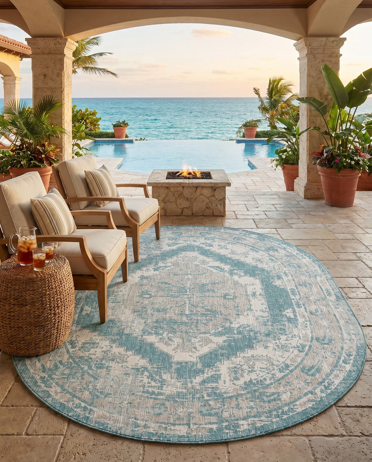 Patio Heritage Collection Area Rug -  Augusta (Aqua) Oval Aqua  lifestyle 99