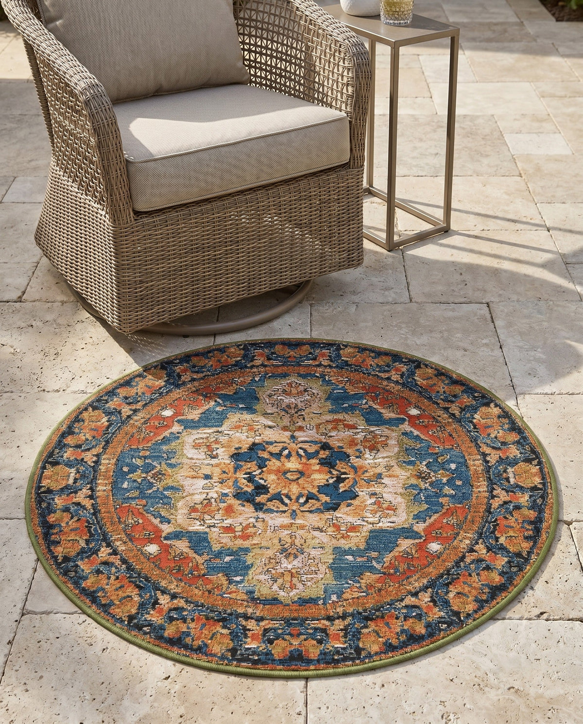 Patio Heritage Collection Area Rug -  Grove Round Navy Blue and Rust Red  lifestyle 103