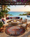 Patio Heritage Collection Area Rug -  Garden Round Rust Red and Blue  lifestyle 76