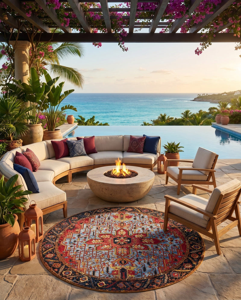 Patio Heritage Collection Area Rug -  Garden Round Rust Red and Blue  lifestyle 76