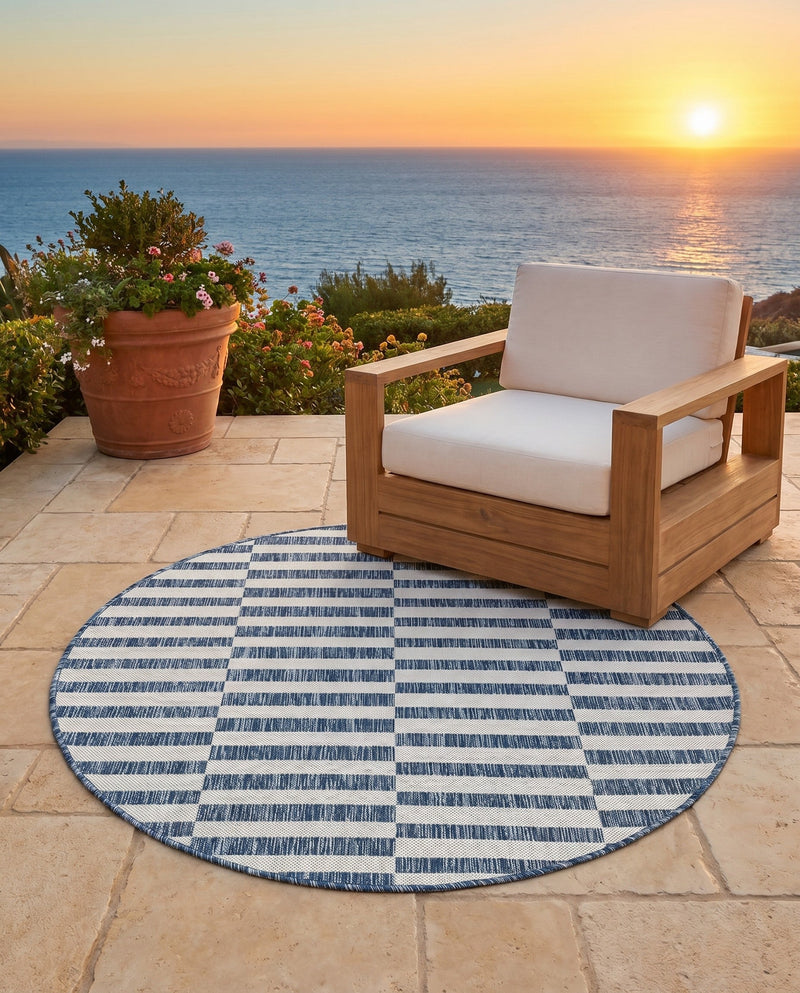 Seaside Stripes Collection Area Rug - Cabana (Blue) Round Blue  lifestyle 23