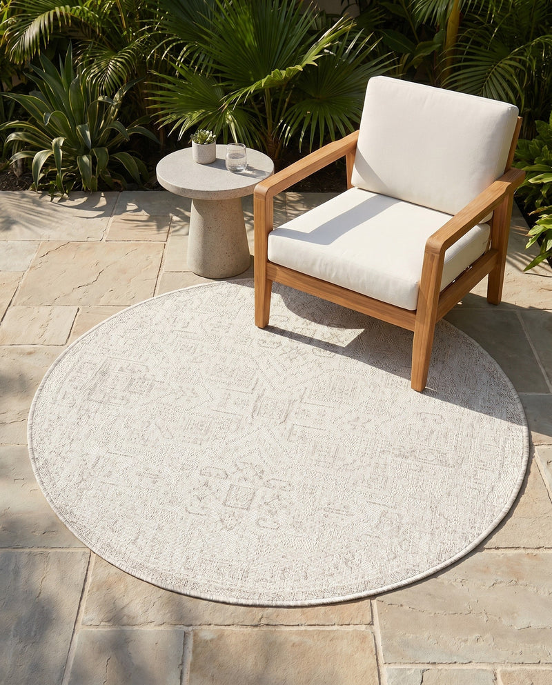 Tribal Terrace Treasures Collection Area Rug - Mayan Marina (Light Gray) Round Light Gray  lifestyle 32