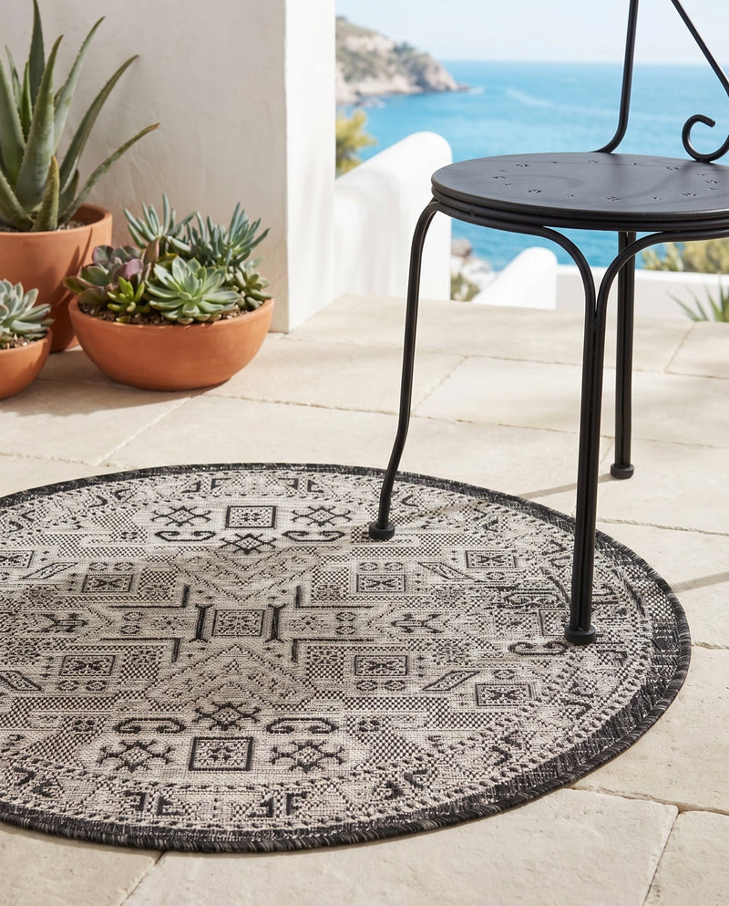 Tribal Terrace Treasures Collection Area Rug - Mayan Marina (Charcoal Gray) Round Charcoal Gray  lifestyle 60