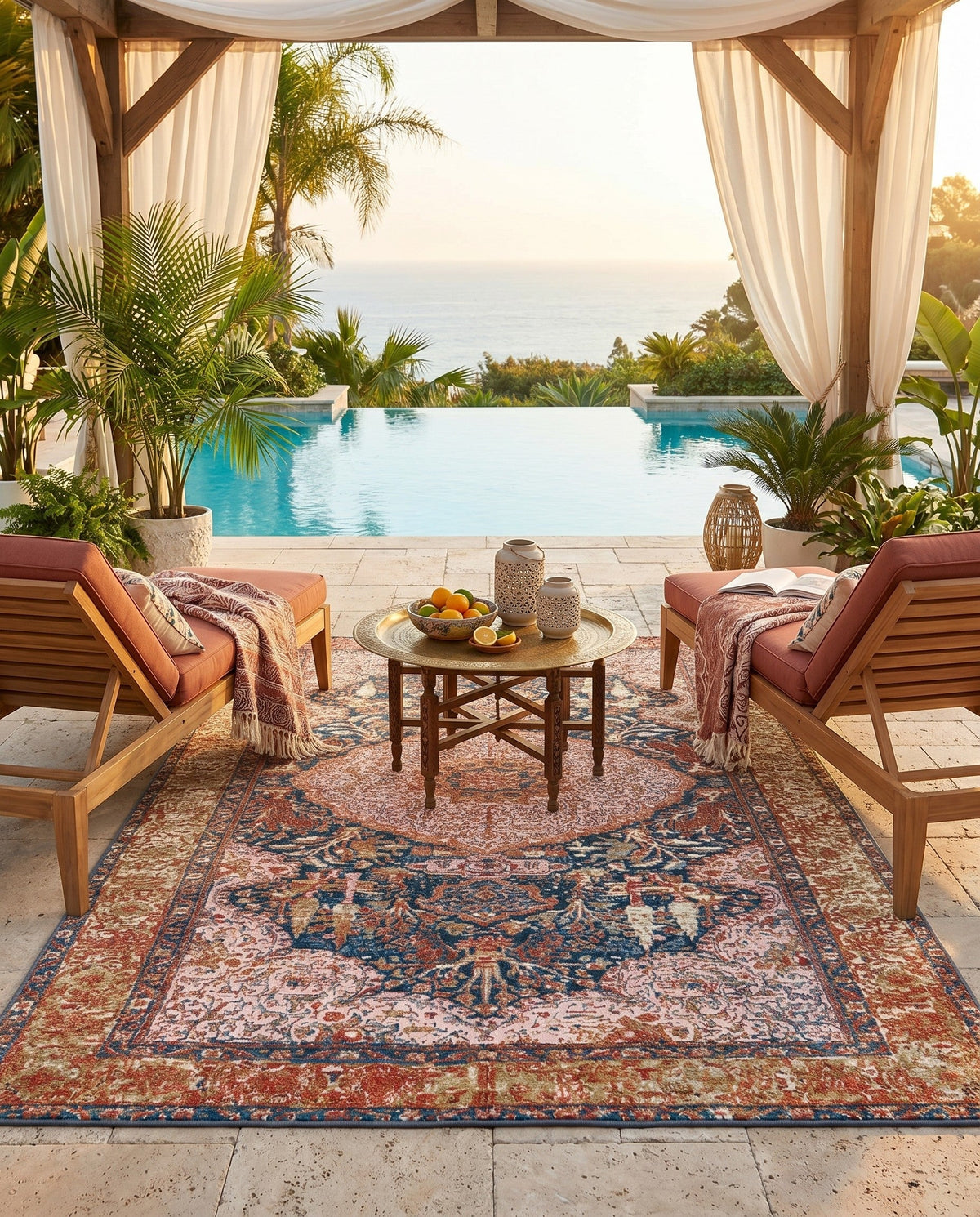 Patio Heritage Collection Area Rug -  Courtyard Rectangle Navy Blue and Light Pink  lifestyle 13
