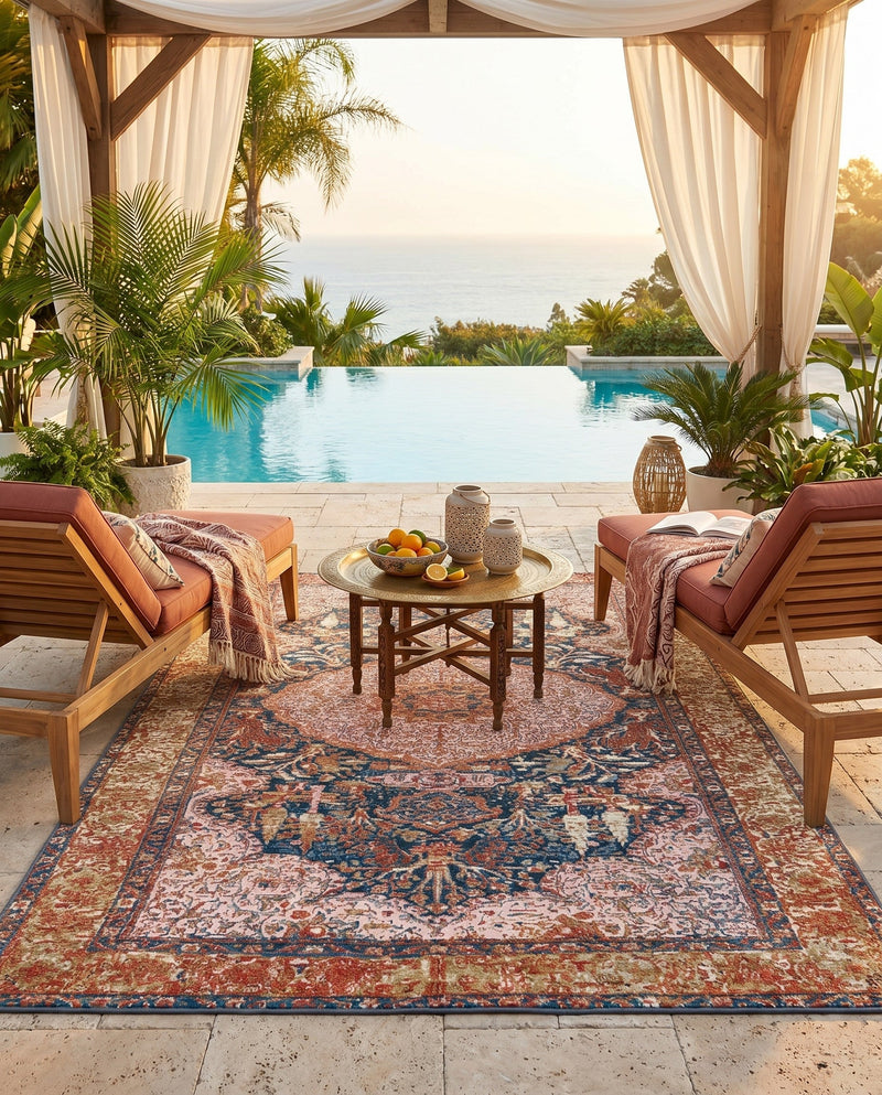 Patio Heritage Collection Area Rug -  Courtyard Rectangle Navy Blue and Light Pink  lifestyle 13
