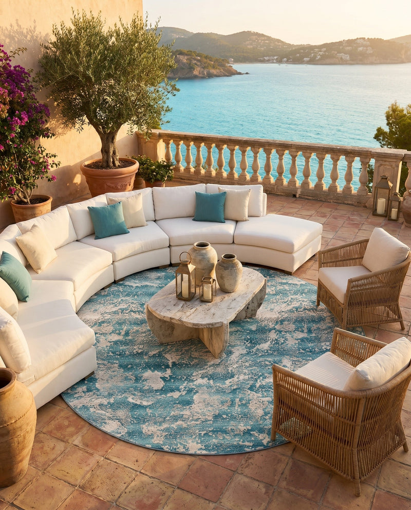Urban Terrace Collection Area Rug -  Gazebo Round Aqua Blue  lifestyle 69
