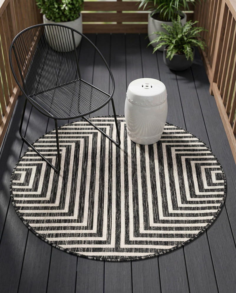 Urban Terrace Collection Area Rug -  Astoria (Black and White) Round Black and White  lifestyle 46