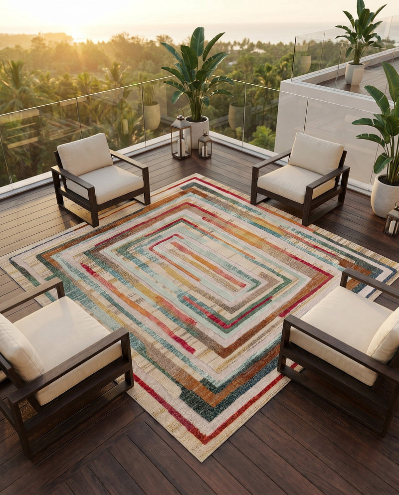 Outdoor Marrakesh Collection Area Rug -  Ouarzazate Square Multi Beige  lifestyle 70