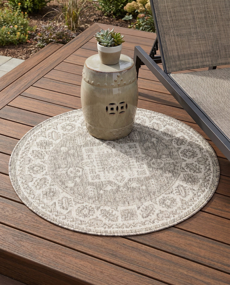 Tribal Terrace Treasures Collection Area Rug -  Incan Isle (Light Gray) Round Light Gray  lifestyle 56