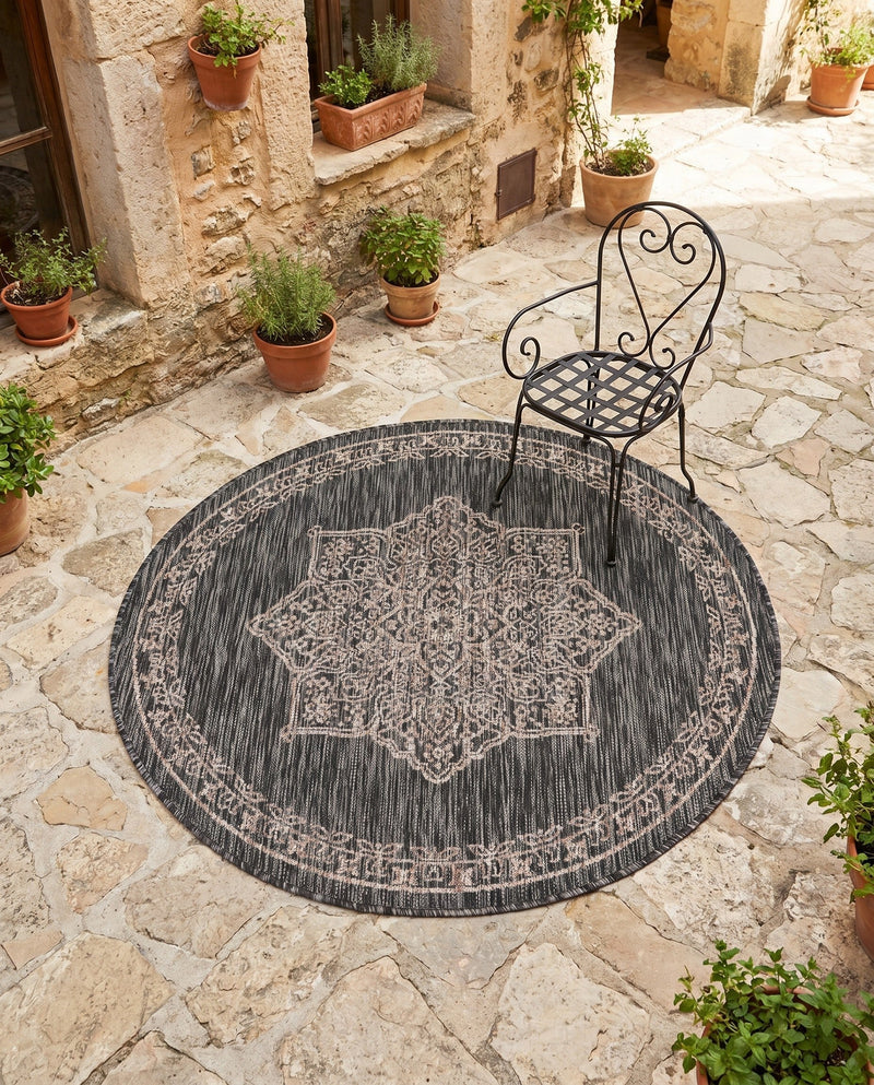 Patio Heritage Collection Area Rug -  Charleston (Charcoal Gray) Round Charcoal Gray  lifestyle 53