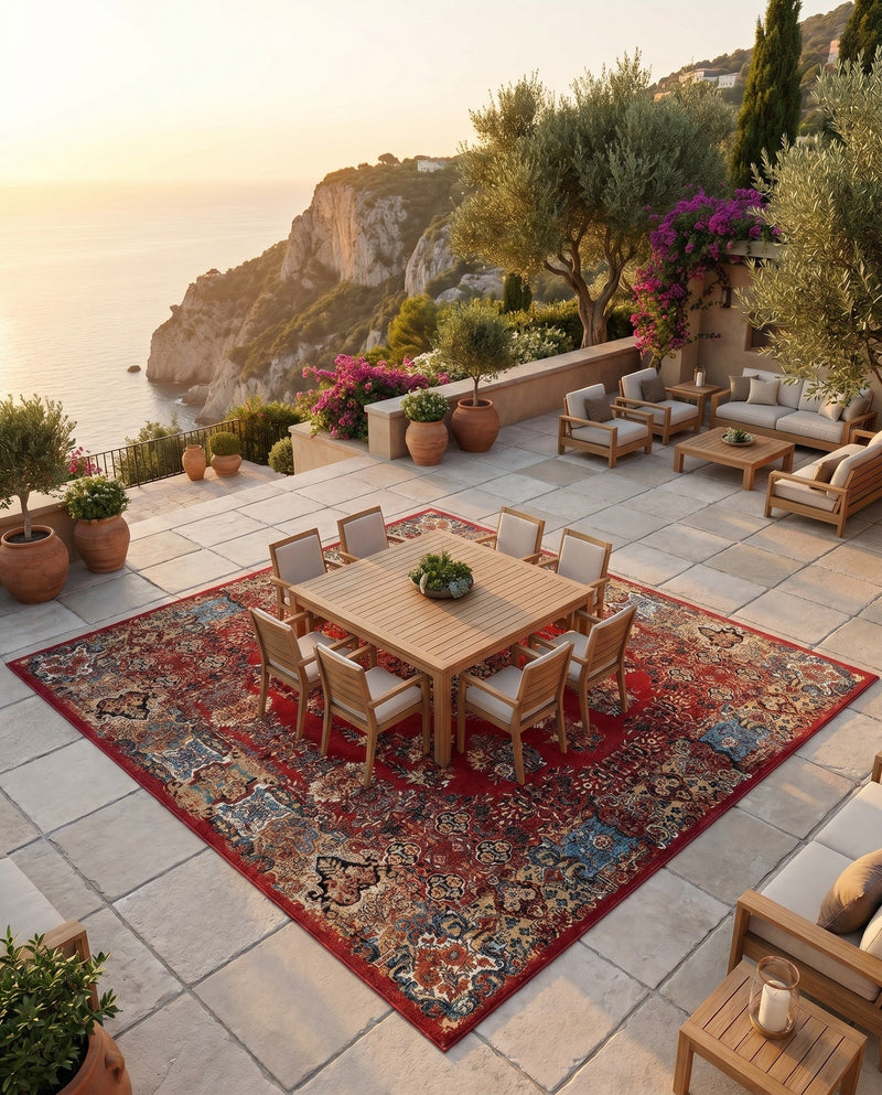 Patio Heritage Collection Area Rug -  Terrace Square Antique Red  lifestyle 33