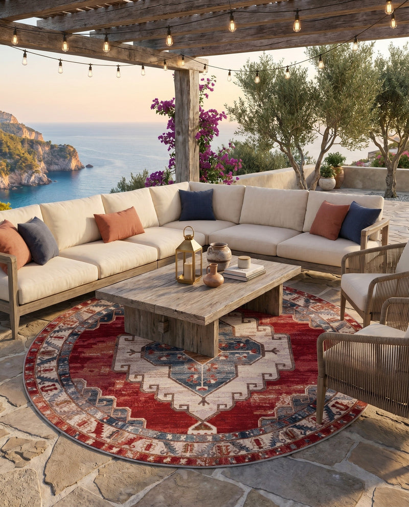 Patio Heritage Collection Area Rug -  Alcove Round Red and Navy Blue  lifestyle 66