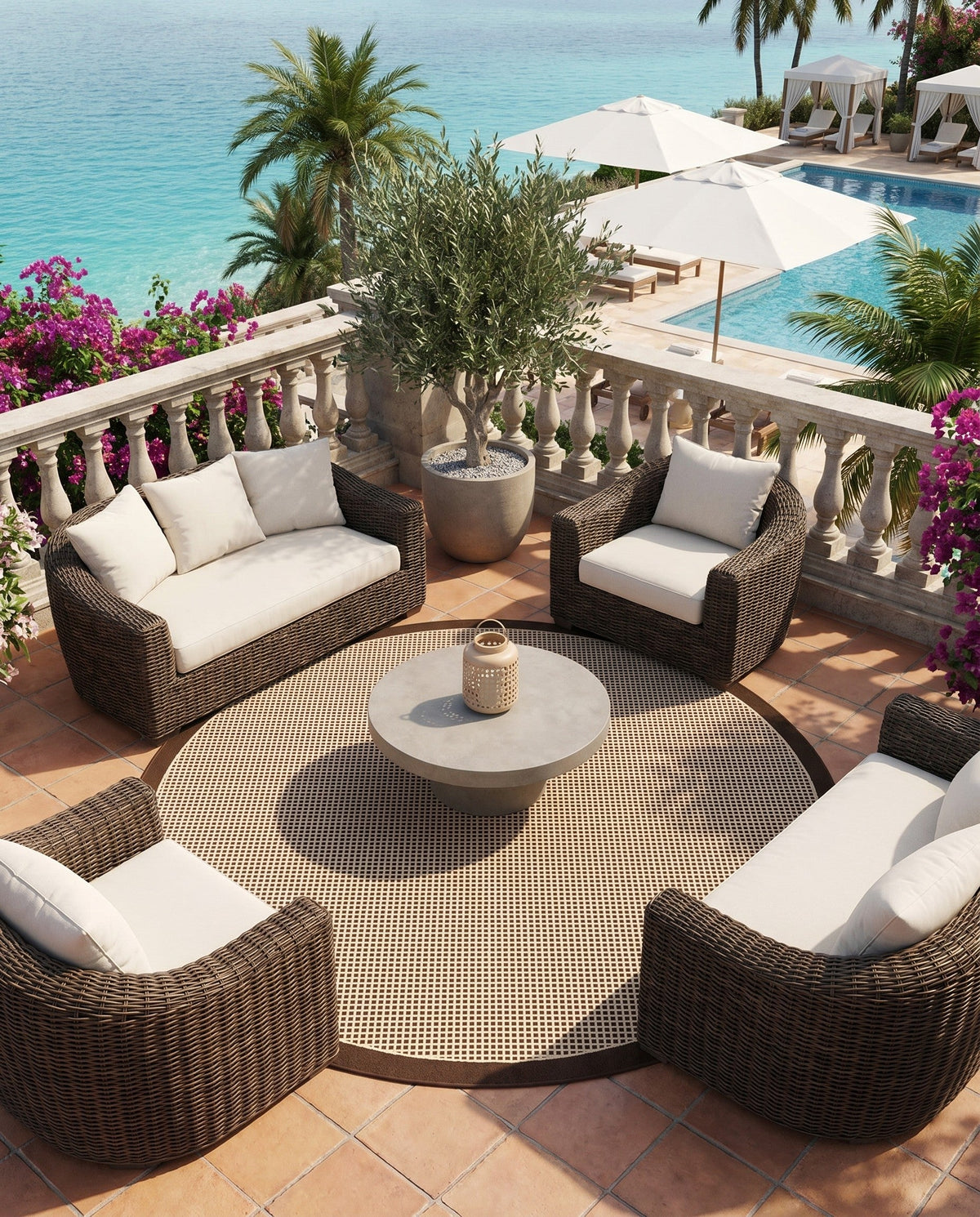 Terrace Fringe Collection Area Rug - Oceanside Round Brown  lifestyle 170