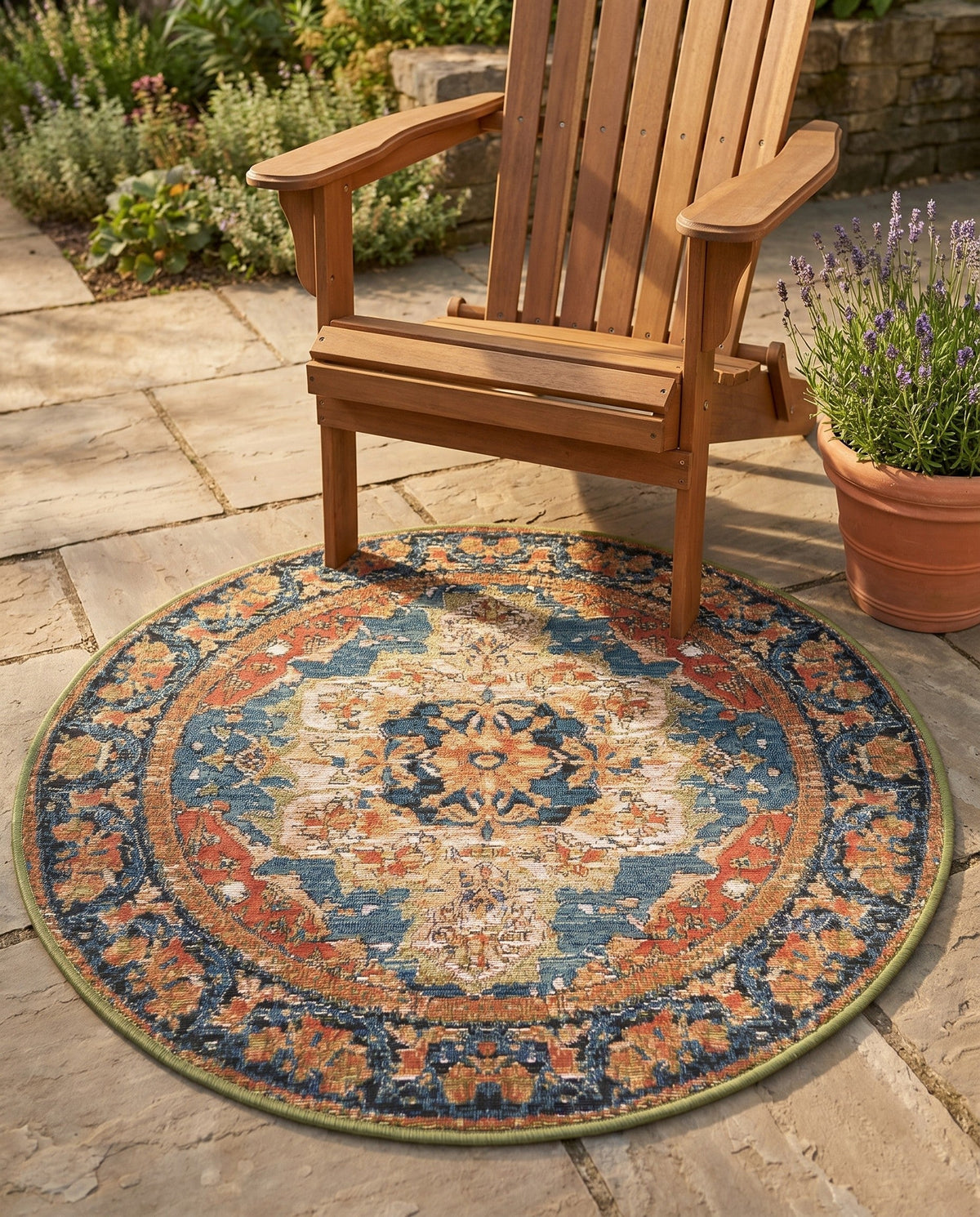 Patio Heritage Collection Area Rug -  Grove Round Navy Blue and Rust Red  lifestyle 104