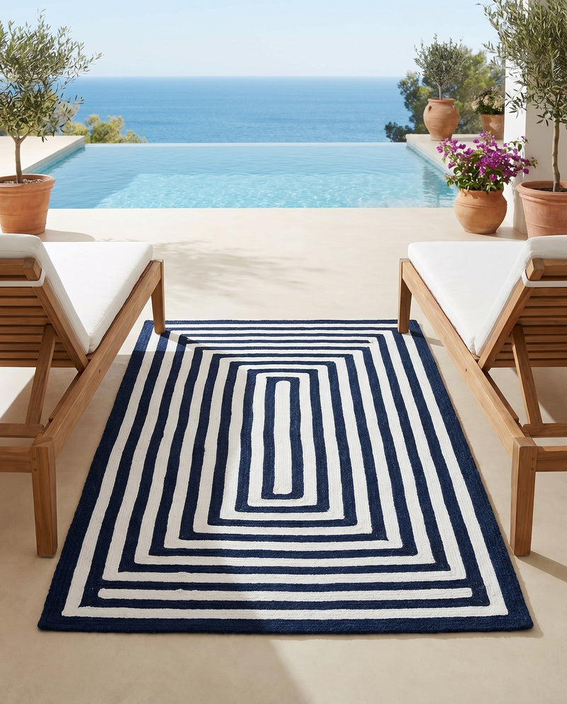 Sustainable Strands Indoor-Outdoor Oasis Collection Area Rug - Harborview Rectangle Navy Blue and White  lifestyle 24