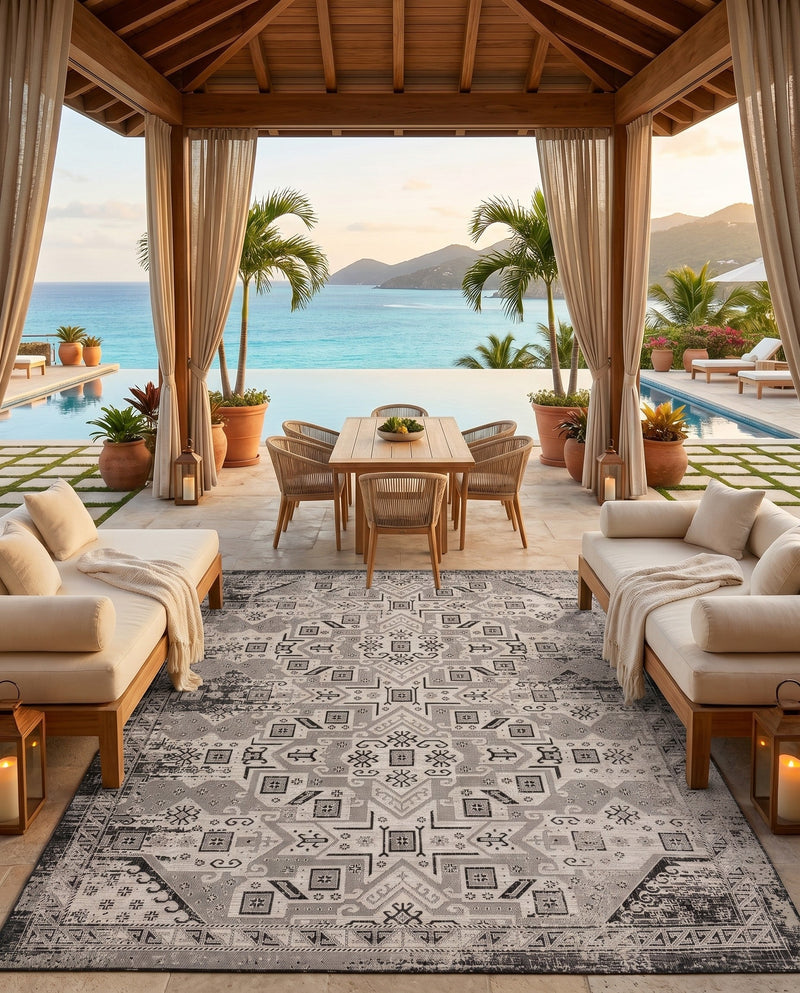Tribal Terrace Treasures Collection Area Rug - Mayan Marina (Charcoal Gray) Rectangle Charcoal Gray  lifestyle 8