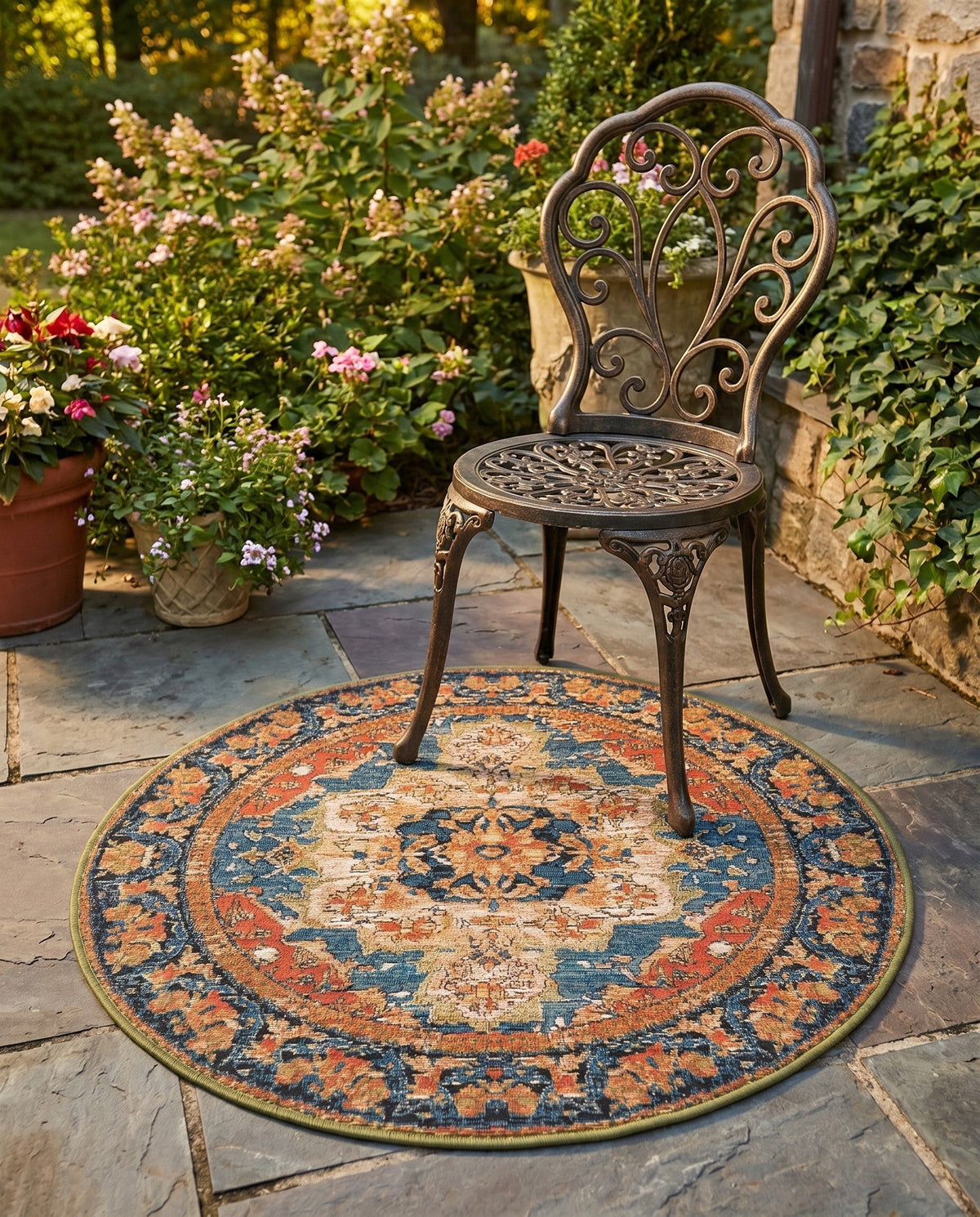 Patio Heritage Collection Area Rug -  Grove Round Navy Blue and Rust Red  lifestyle 105