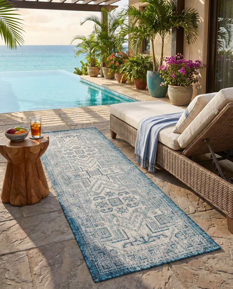 Tribal Terrace Treasures Collection Area Rug - Mayan Marina (Teal) Runner Teal  lifestyle 83