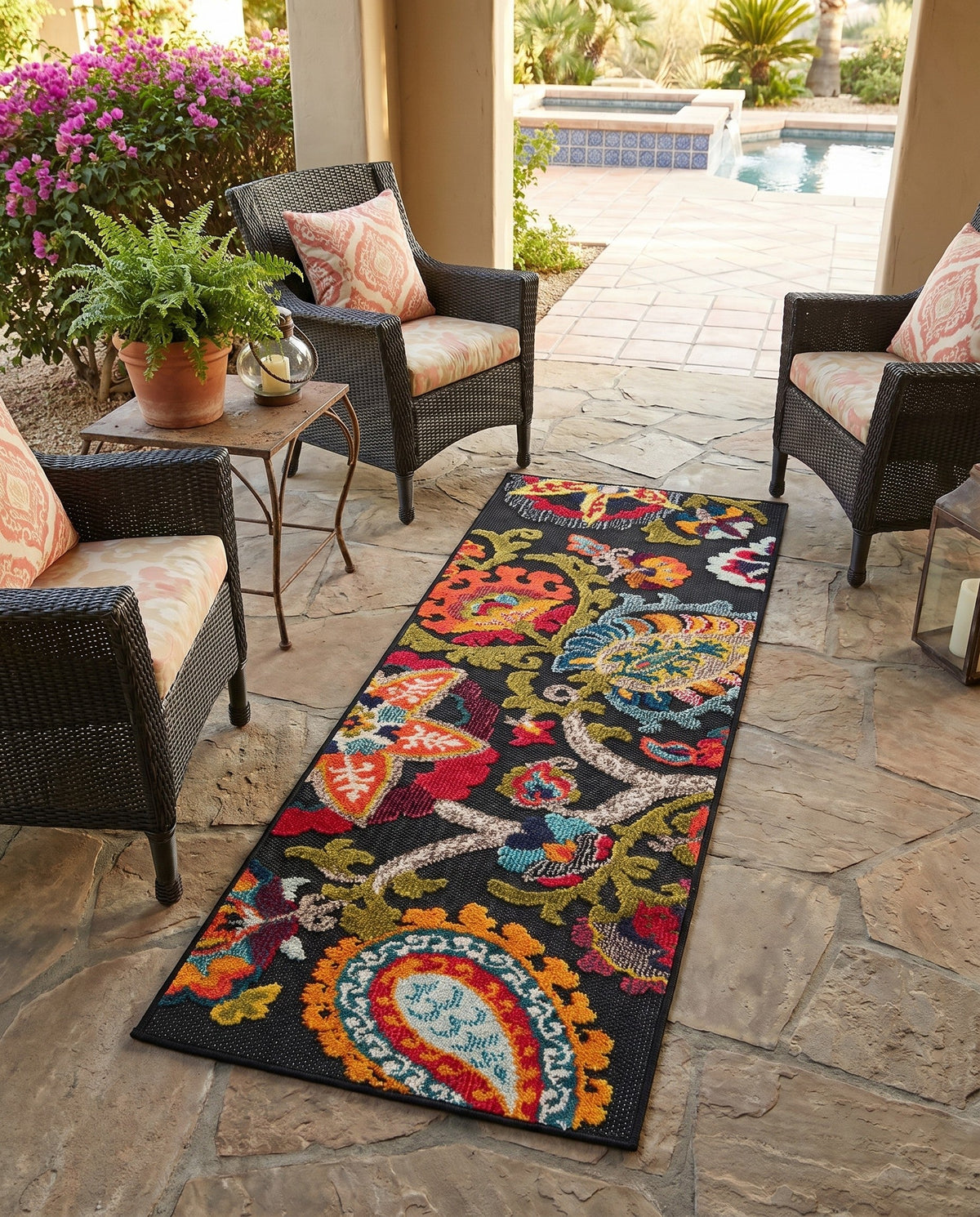Outdoor Marrakesh Collection Area Rug - Fes Runner Multi Black  lifestyle 143