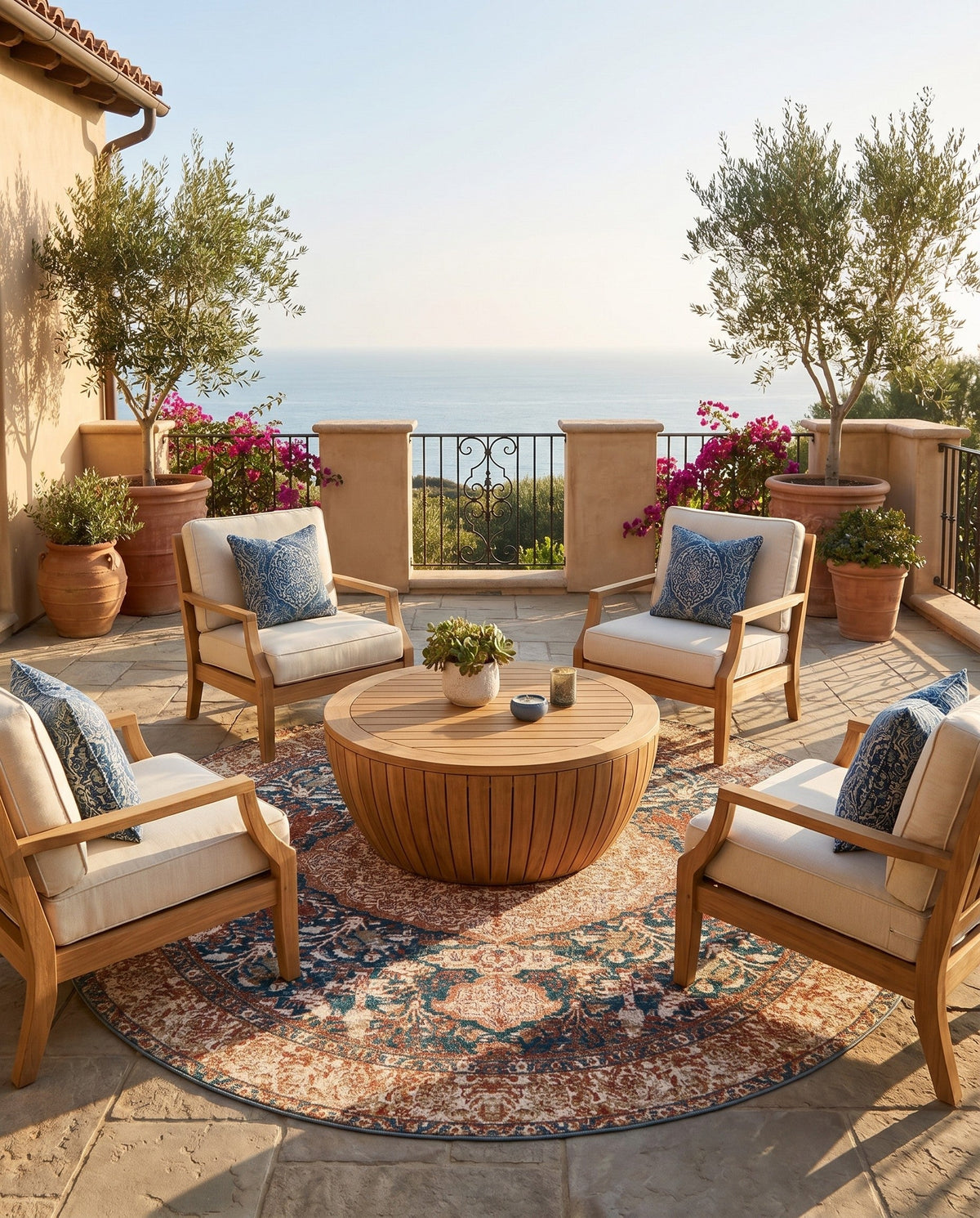 Patio Heritage Collection Area Rug -  Courtyard Round Navy Blue and Light Pink  lifestyle 99