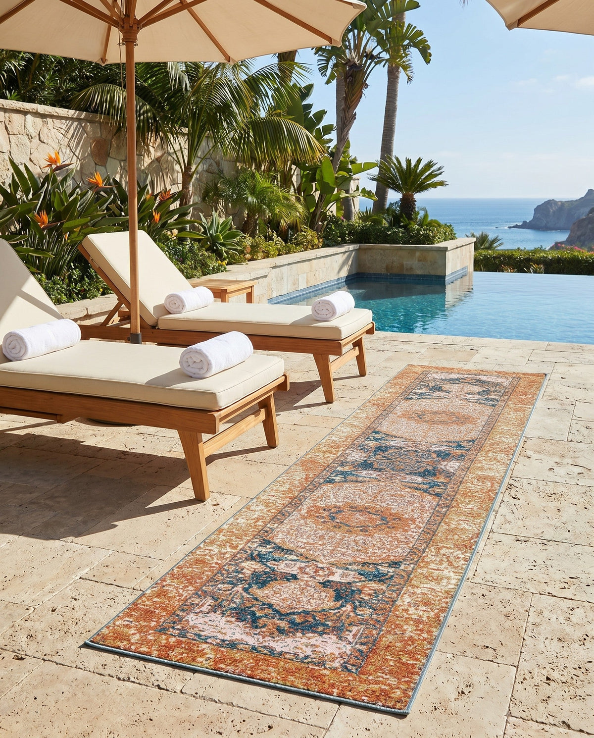 Patio Heritage Collection Area Rug -  Courtyard Runner Navy Blue and Light Pink  lifestyle 104