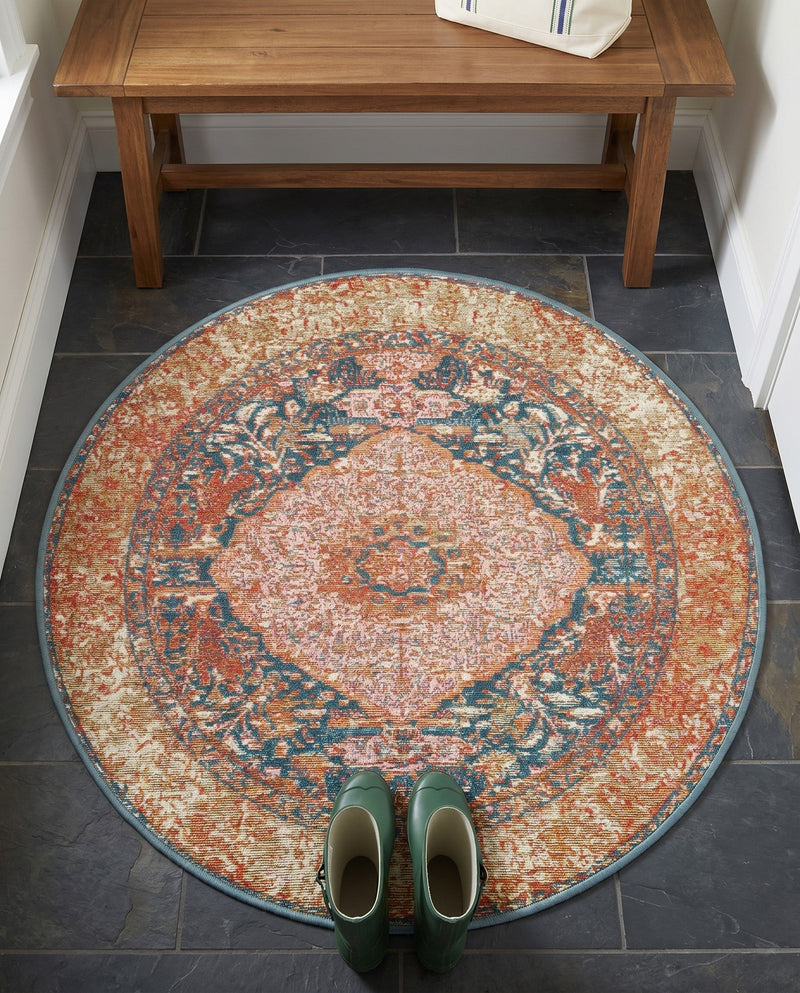 Patio Heritage Collection Area Rug -  Courtyard Round Navy Blue and Light Pink  lifestyle 77