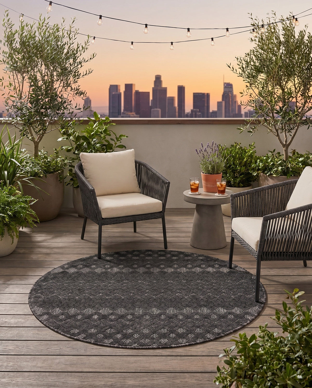 Garden Lattice Charm Collection Area Rug -  Pergola (Charcoal) Round Charcoal  lifestyle 61