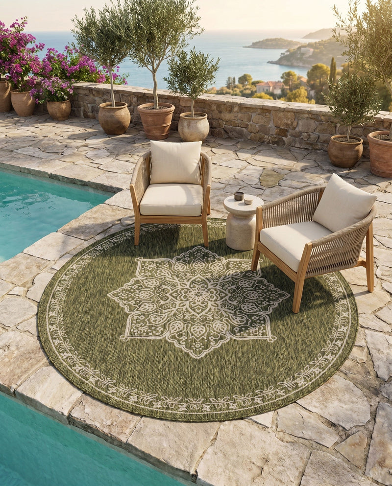 Patio Heritage Collection Area Rug -  Charleston (Green) Round Green  lifestyle 75