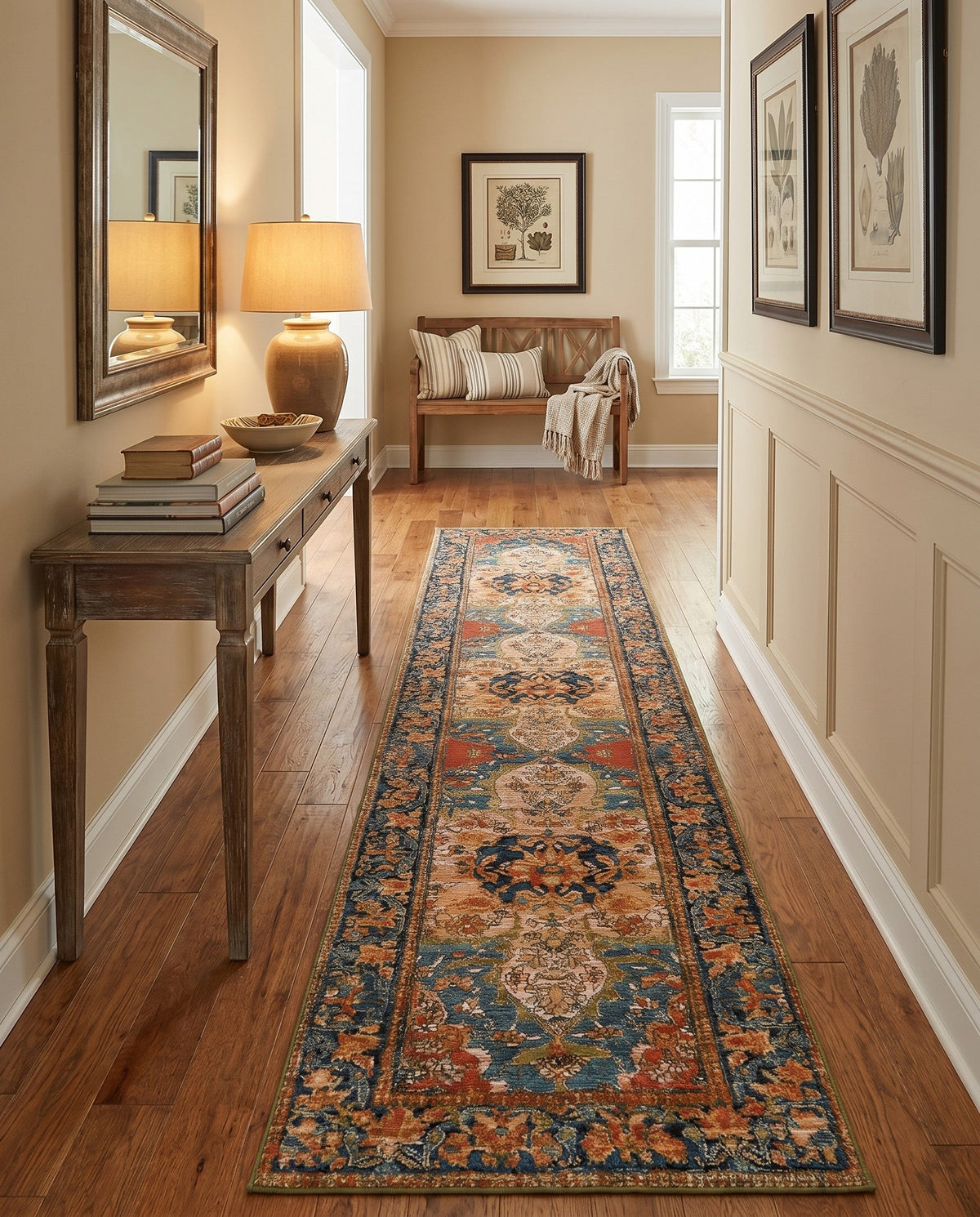 Patio Heritage Collection Area Rug -  Grove Runner Navy Blue and Rust Red  lifestyle 100