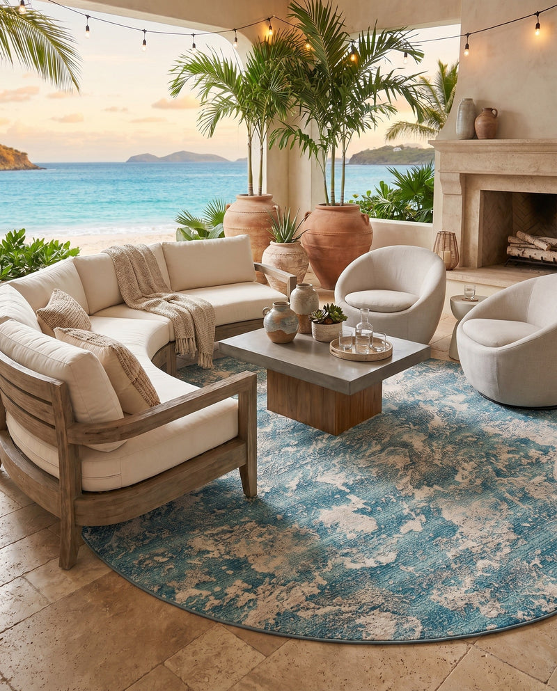 Urban Terrace Collection Area Rug -  Gazebo Round Aqua Blue  lifestyle 70