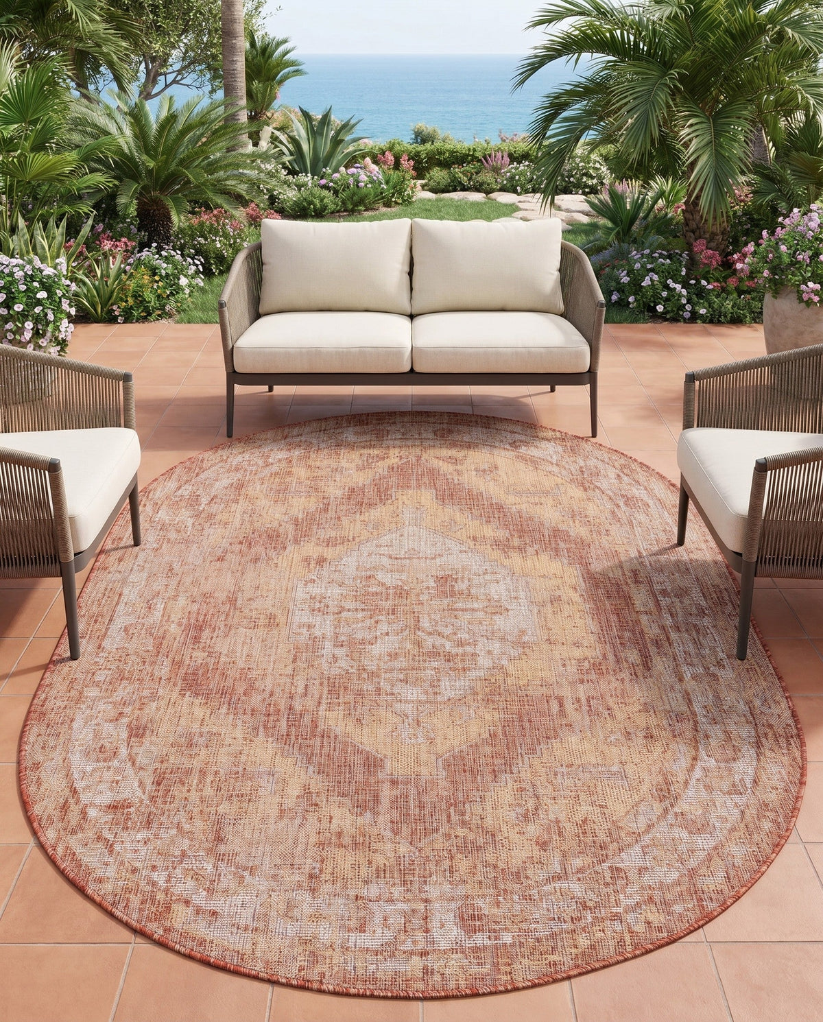 Patio Heritage Collection Area Rug -  Augusta (Rust Red) Oval Rust Red  lifestyle 111