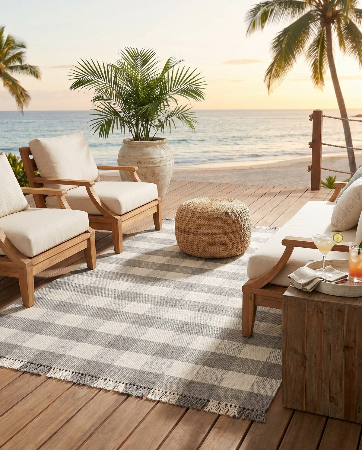 Sustainable Grid Indoor-Outdoor Oasis Collection Area Rug - Savannah Square Gray  lifestyle 187