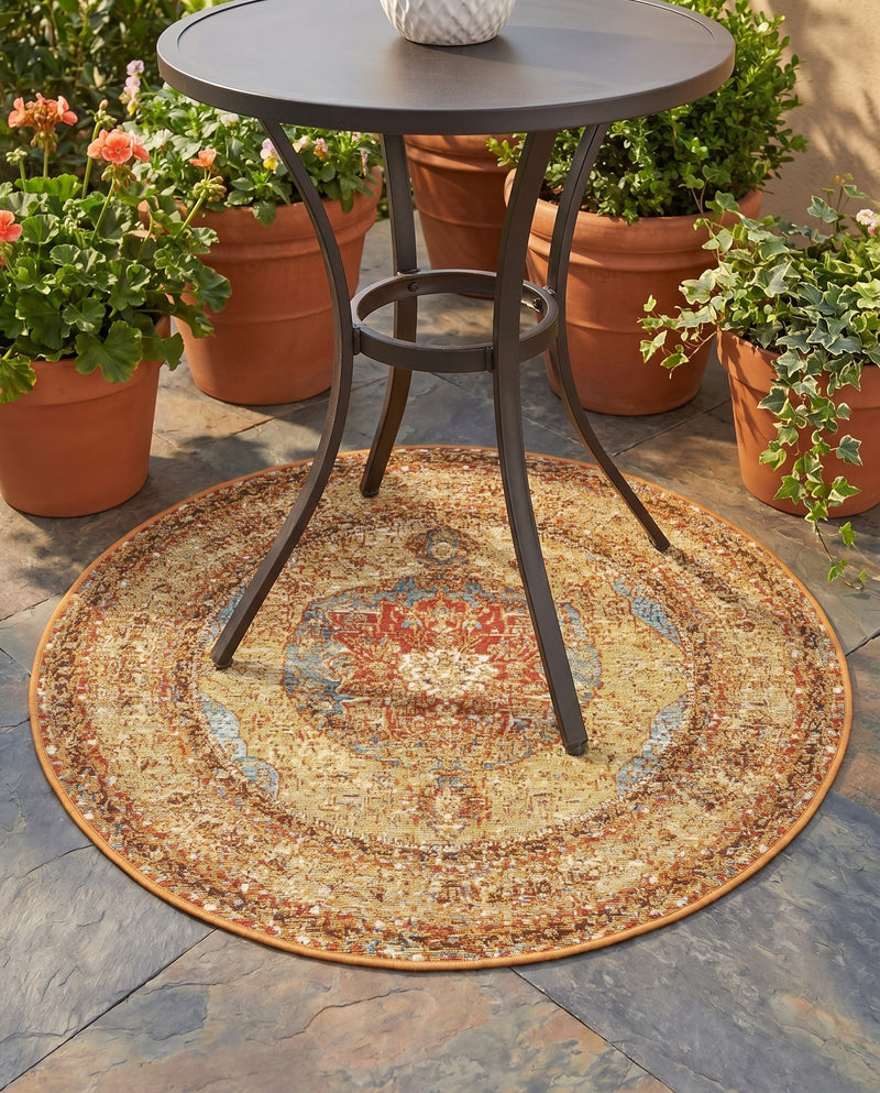 Patio Heritage Collection Area Rug -  Pergola Round Blue and Light Brown  lifestyle 78