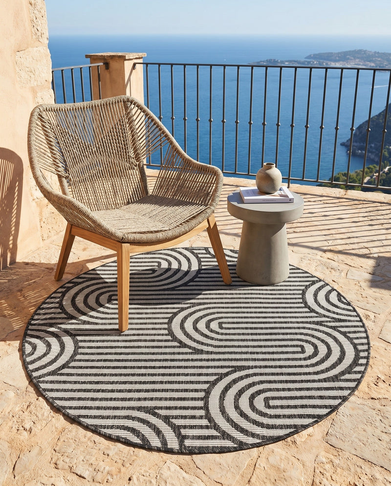 Urban Terrace Collection Area Rug -  Uptown Round Black and White  lifestyle 60