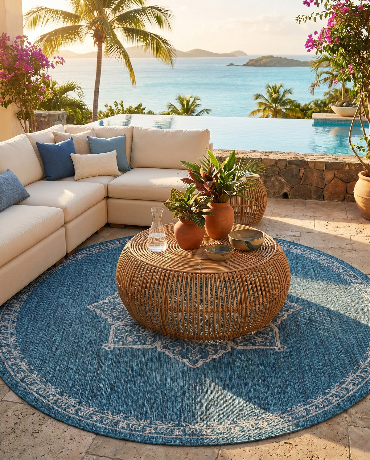 Patio Heritage Collection Area Rug -  Charleston (Teal) Round Teal  lifestyle 88